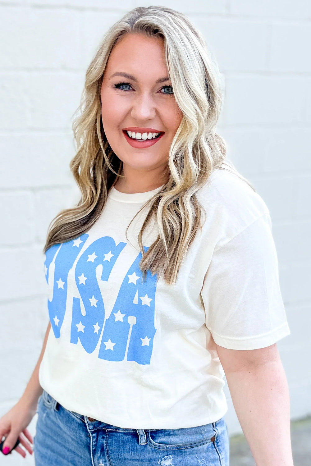 Sky Blue Usa Graphic Crewneck Plus Size Patriotic Tee-Plus Size/Plus Size Tops/Plus Size Tops & Tees-[Adult]-[Female]-2022 Online Blue Zone Planet