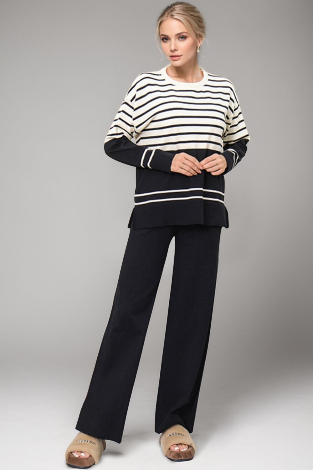 Basic Bae Striped Round Neck Long Sleeve Top and Pants Sweater Set-TOPS / DRESSES-[Adult]-[Female]-Black-One Size-2022 Online Blue Zone Planet