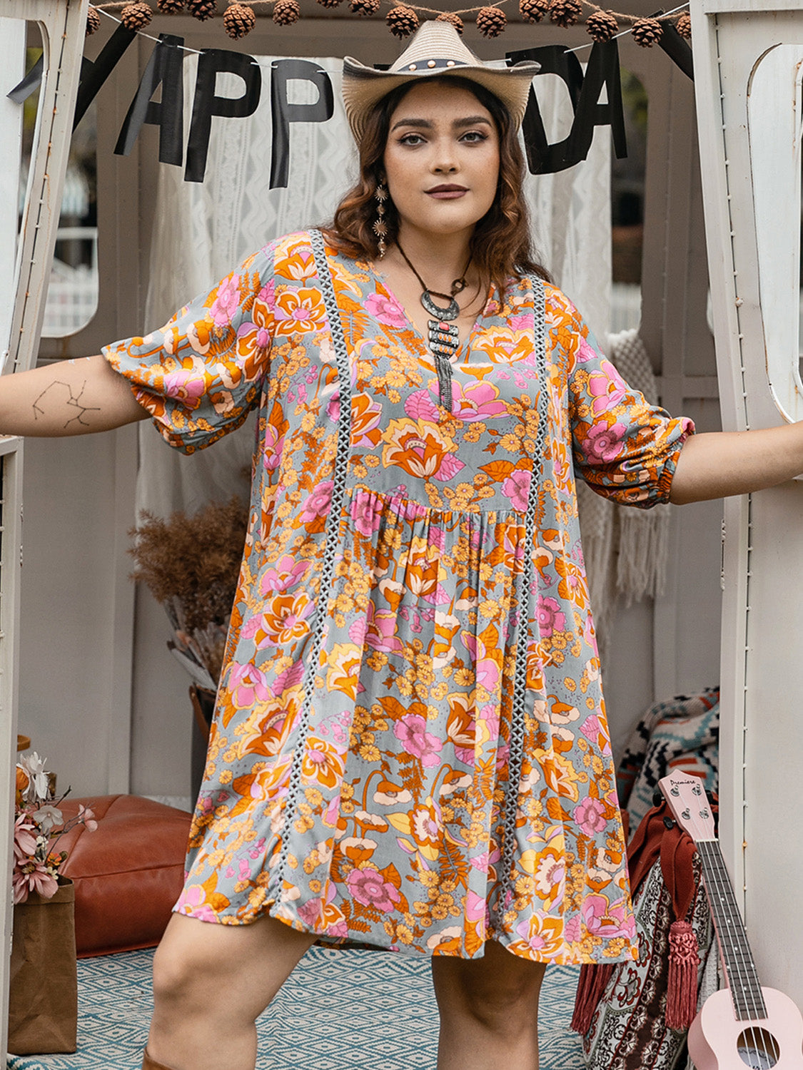 Plus Size Ruched Printed Half Sleeve Mini Dress-TOPS / DRESSES-[Adult]-[Female]-2022 Online Blue Zone Planet