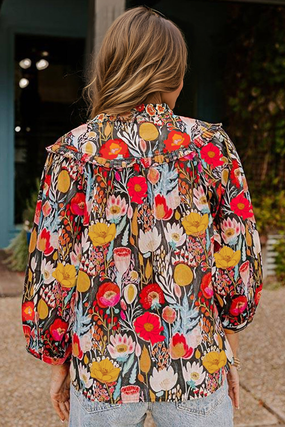 Black Floral 3/4 Puff Sleeve Tied Neck Blouse-Tops/Blouses & Shirts-[Adult]-[Female]-2022 Online Blue Zone Planet