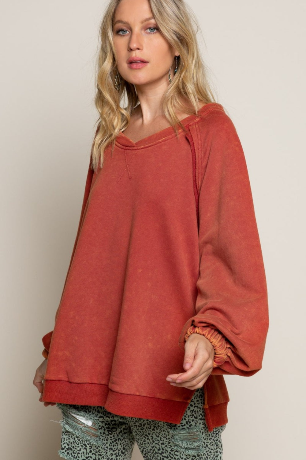 Blue Zone Planet | POL Back Cross Strap Detail Balloon Sleeve Sweatshirt-TOPS / DRESSES-[Adult]-[Female]-Golden Poppy-S-2022 Online Blue Zone Planet