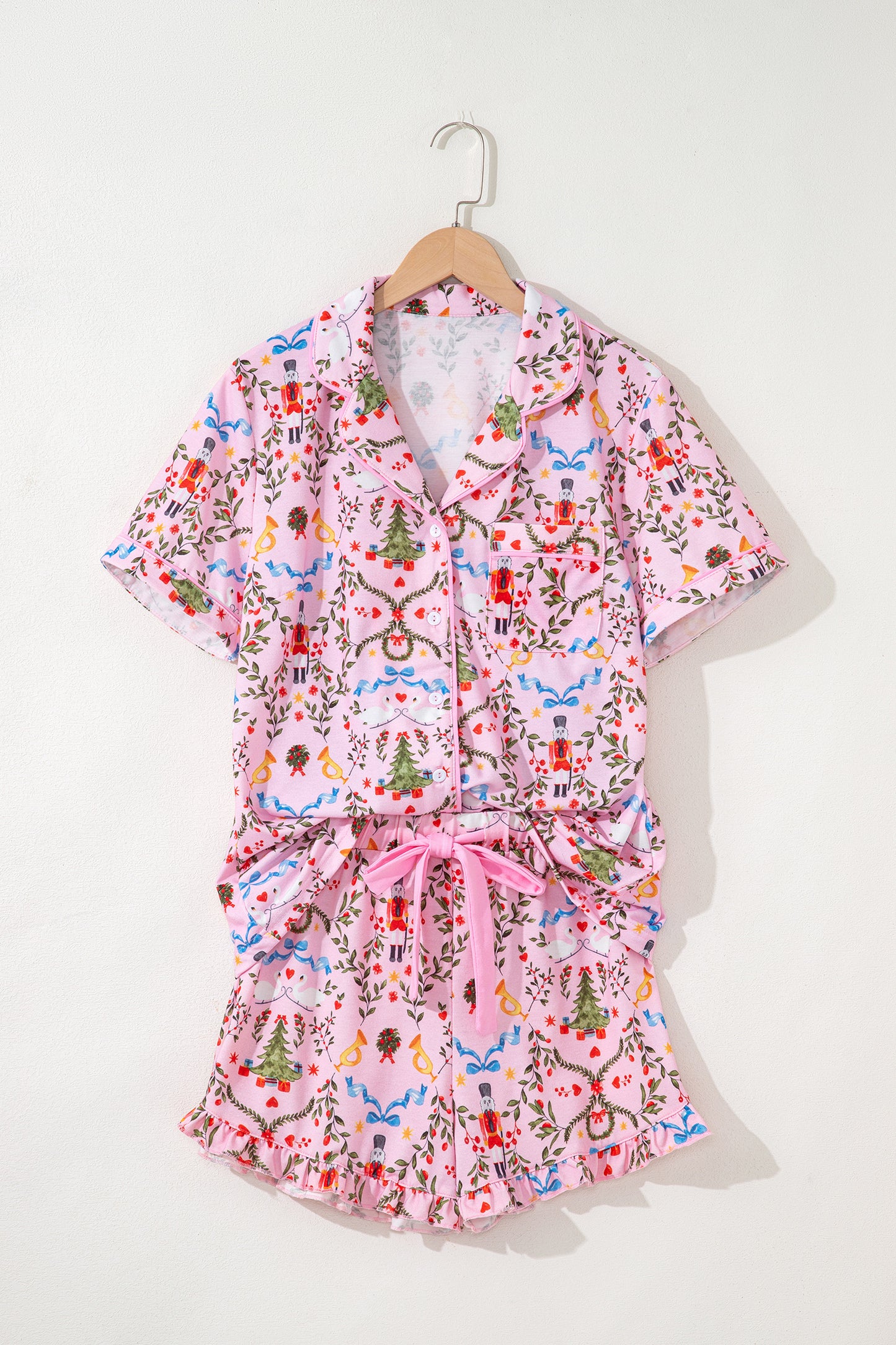 Pink Nutcracker Doll Christmas Print Ribbon Tie Waist Short 2pcs Pajama Set-Loungewear & Sleepwear/Sleepwear-[Adult]-[Female]-2022 Online Blue Zone Planet