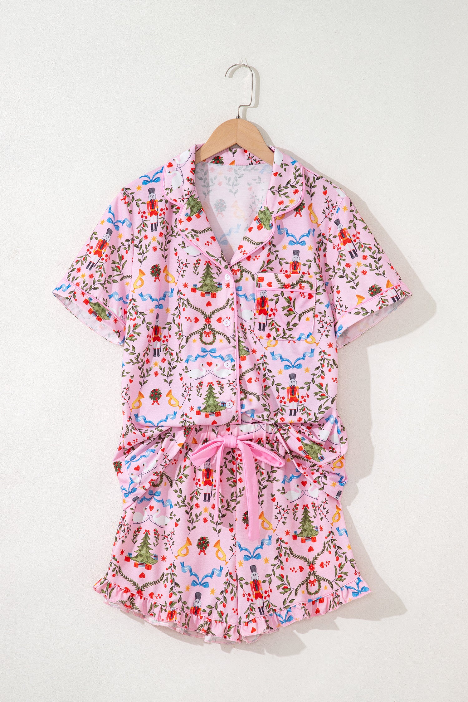 Pink Nutcracker Doll Christmas Print Ribbon Tie Waist Short 2pcs Pajama Set-Loungewear & Sleepwear/Sleepwear-[Adult]-[Female]-2022 Online Blue Zone Planet