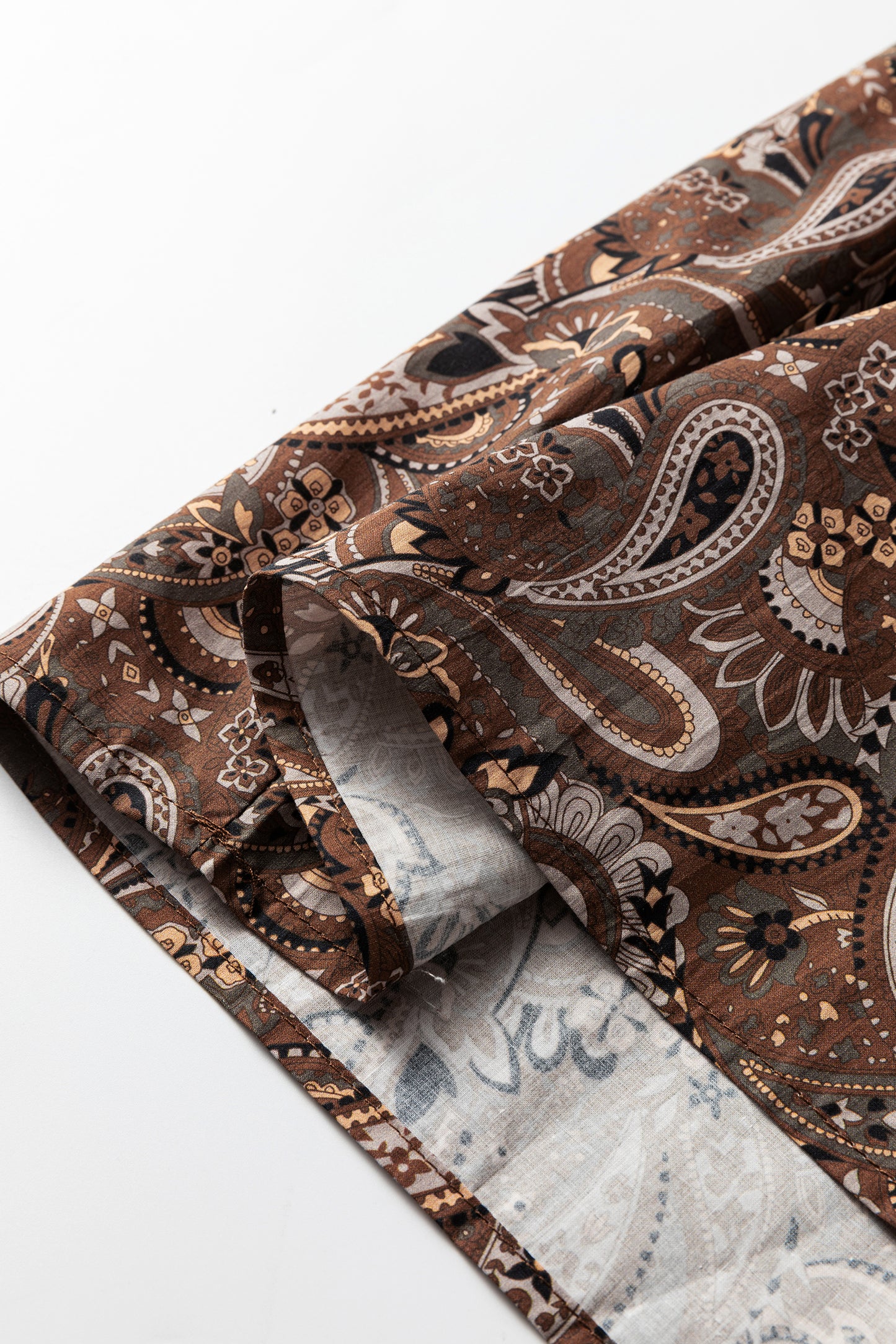 Brown Paisley Print Half Buttons Puff Sleeve Flowy Short Dress-TOPS / DRESSES-[Adult]-[Female]-2022 Online Blue Zone Planet