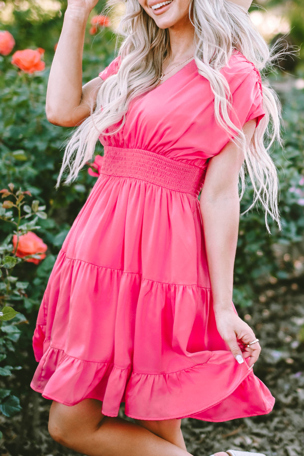 Strawberry Pink Ruched Sleeve V Neck Smock Waist Tiered Ruffled Dress Blue Zone Planet