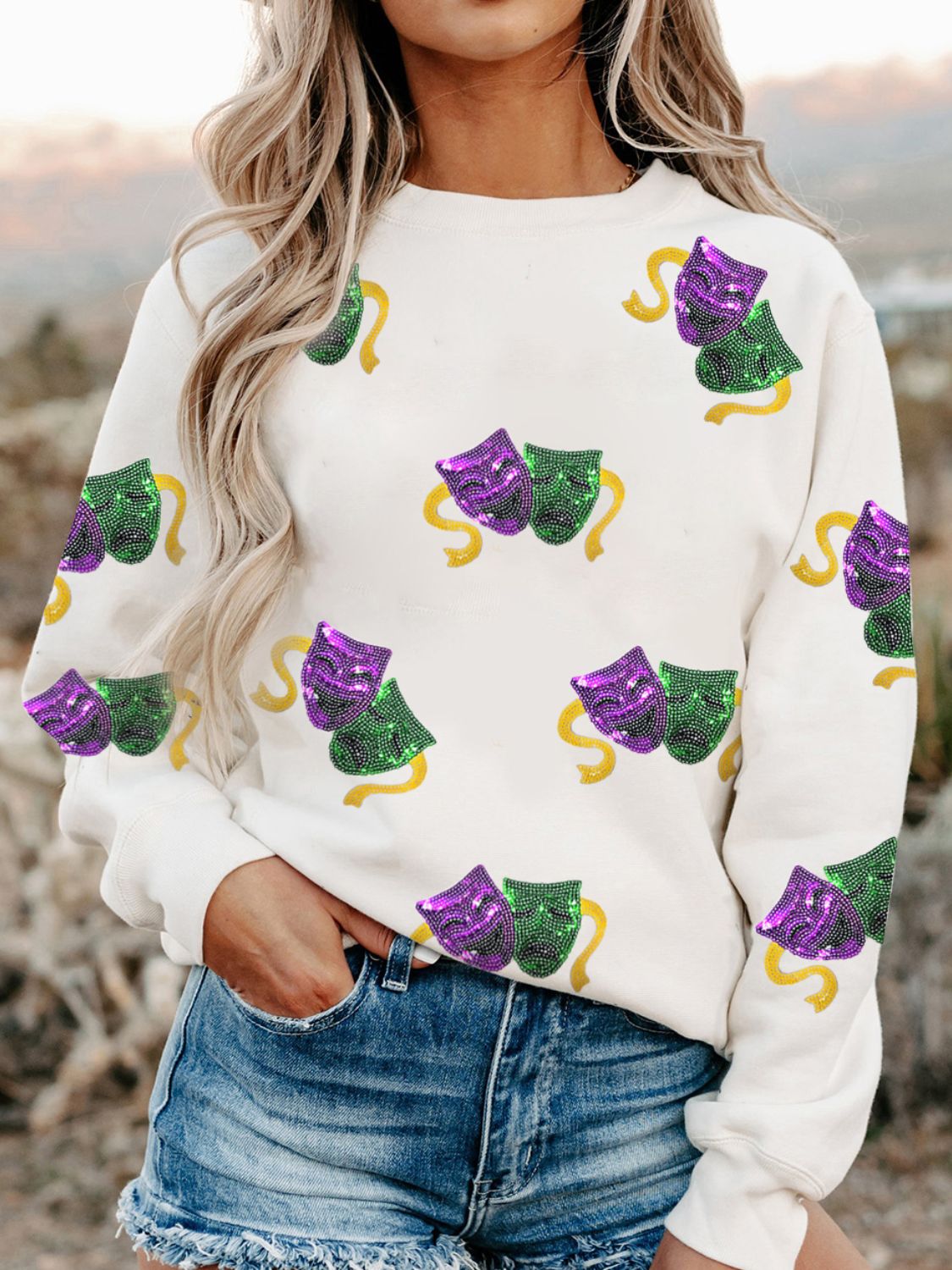Sequin Round Neck Long Sleeve Sweatshirt-TOPS / DRESSES-[Adult]-[Female]-White-M-2022 Online Blue Zone Planet