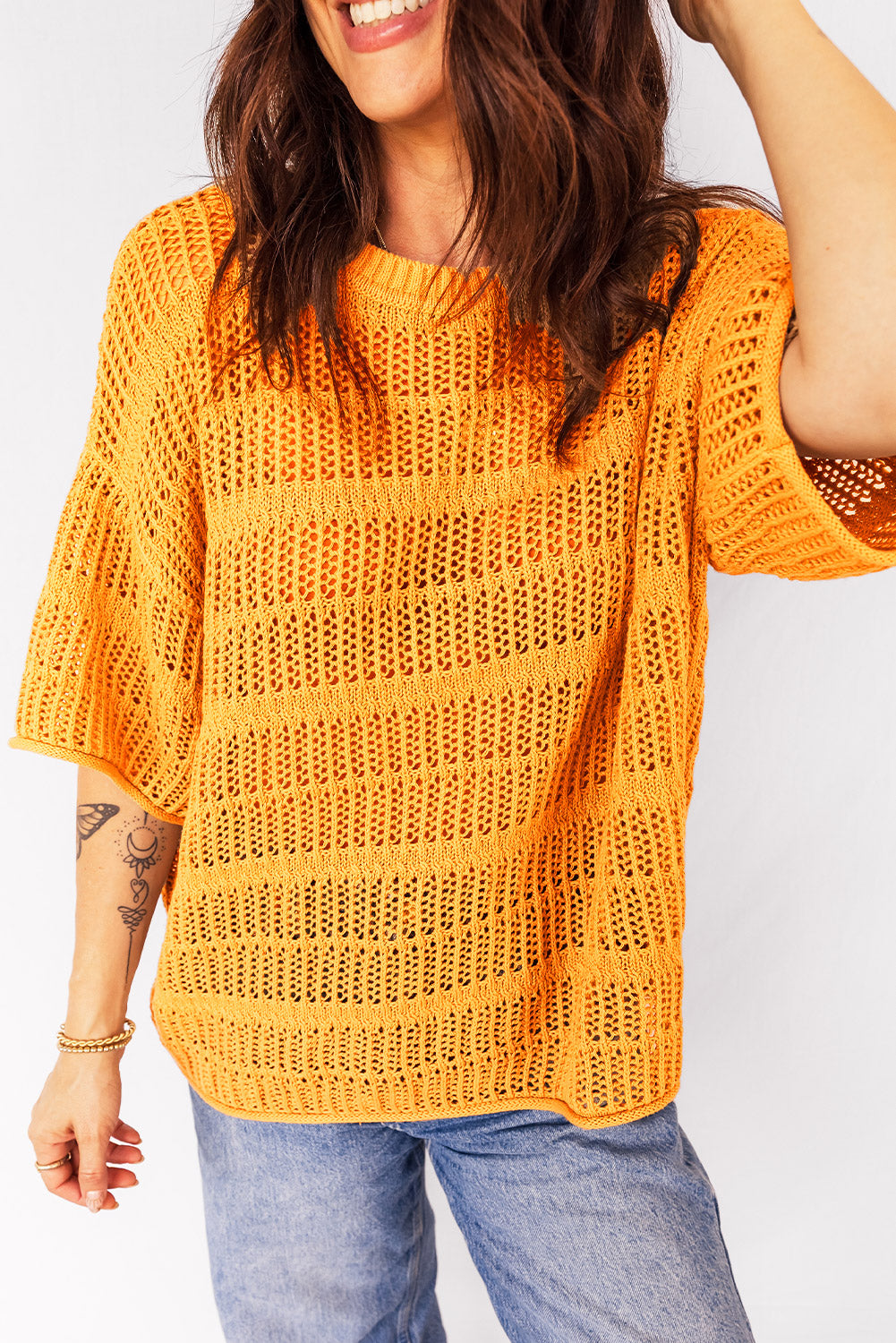 Mustard Hollow out Openwork Knit 3/4 Sleeve Sweater-TOPS / DRESSES-[Adult]-[Female]-2022 Online Blue Zone Planet