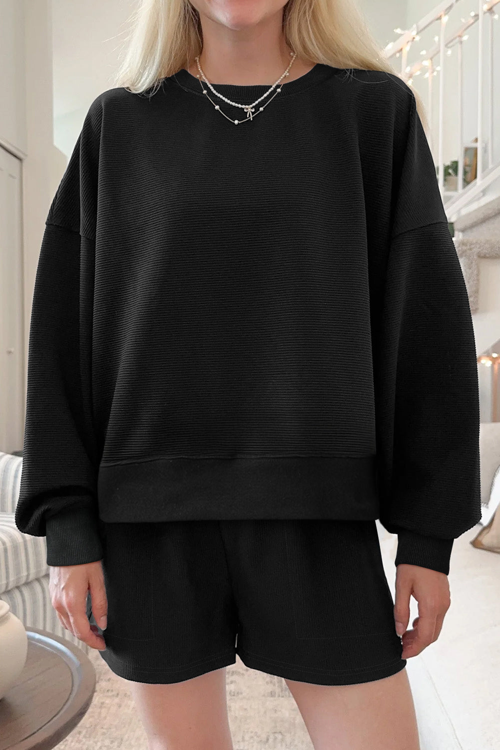 Black Ribbed Texture Baggy Drop Shoulder Pullover and Shorts Set-Two Piece Sets/Short Sets-[Adult]-[Female]-Black-S-2022 Online Blue Zone Planet