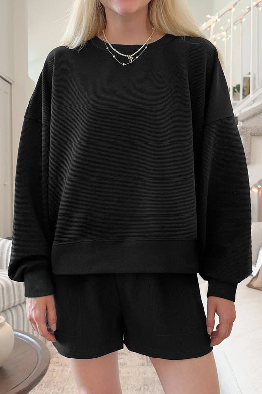 Black Ribbed Texture Baggy Drop Shoulder Pullover and Shorts Set-Two Piece Sets/Short Sets-[Adult]-[Female]-Black-S-2022 Online Blue Zone Planet