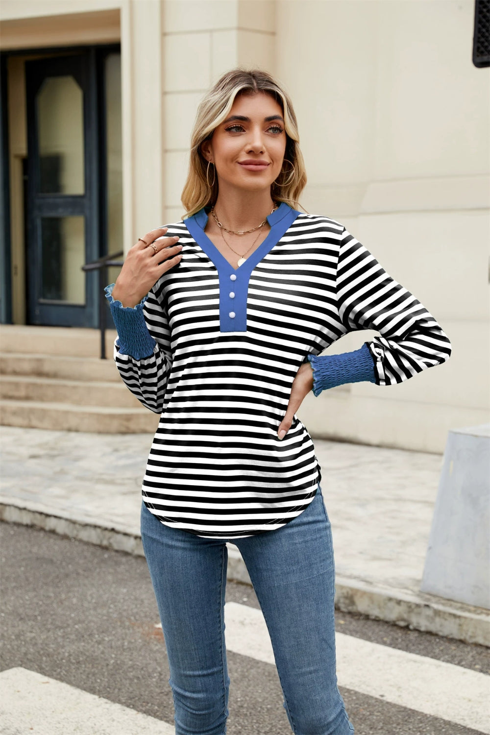 Contrast Striped Notched Long Sleeve Top-TOPS / DRESSES-[Adult]-[Female]-2022 Online Blue Zone Planet