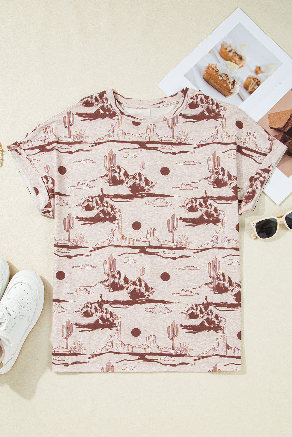 Brown Desert Sand Print Short Sleeve Knit Top-Tops/Tops & Tees-[Adult]-[Female]-2022 Online Blue Zone Planet