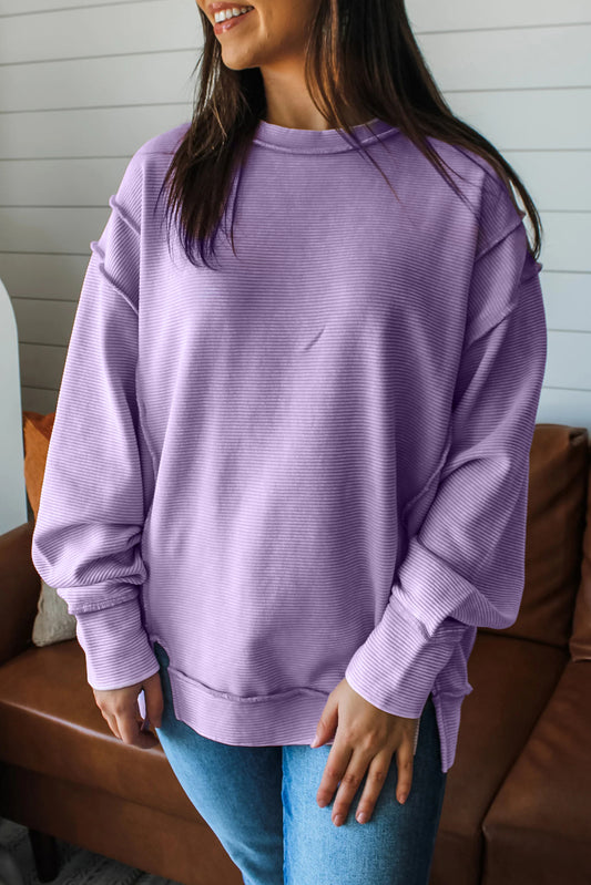 Lavendula Horizontal Ribbed Exposed Seam Detail Drop Shoulder Baggy Pullover-Tops/Long Sleeve Tops-[Adult]-[Female]-Lavendula-S-2022 Online Blue Zone Planet