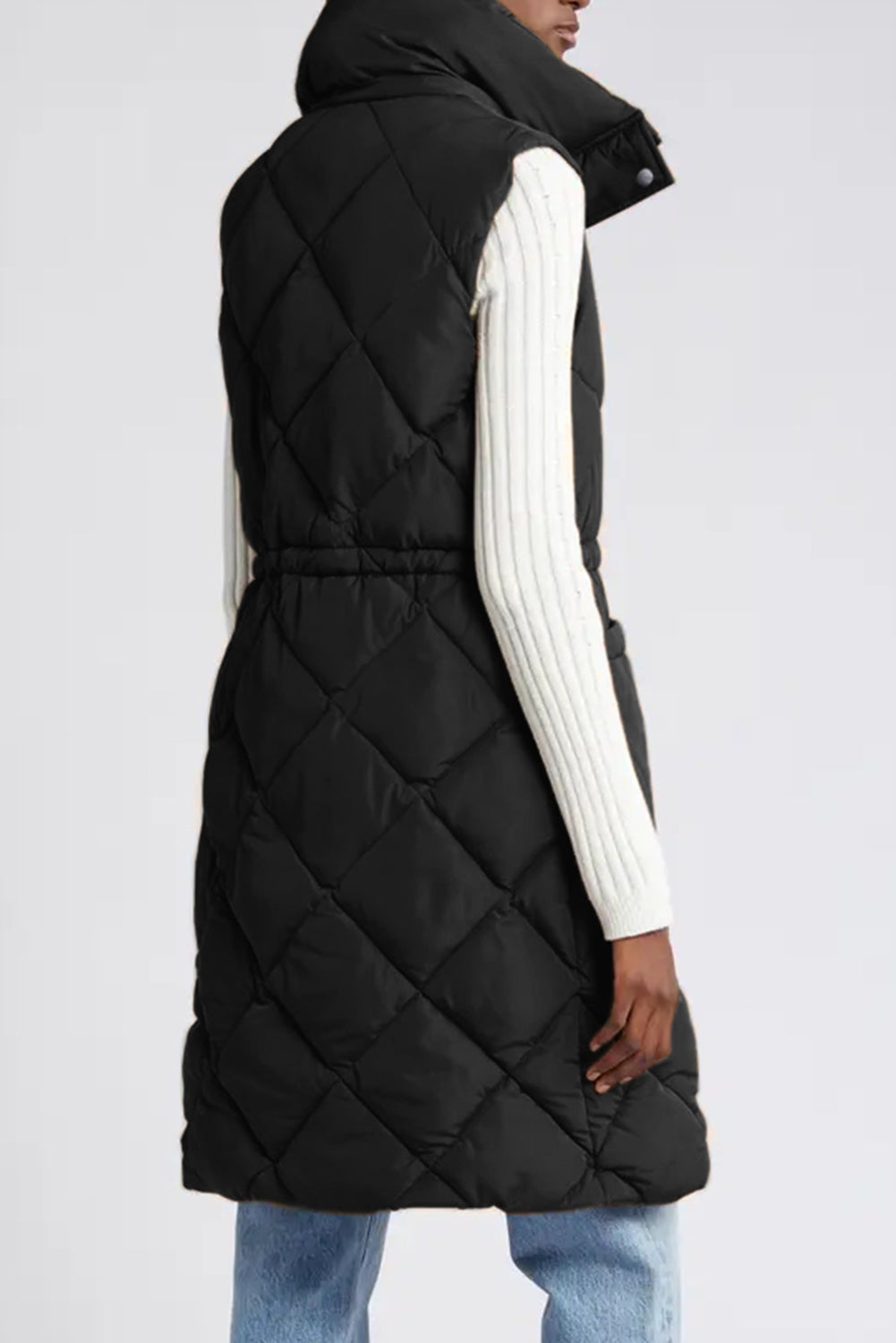 Black Longline Quilted Stand Collar Puffer Vest-Outerwear/Vests-[Adult]-[Female]-2022 Online Blue Zone Planet