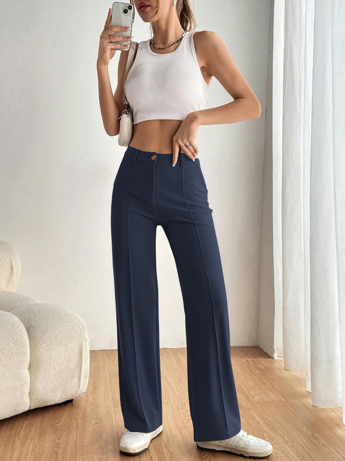 High Waist Wide Leg Pants-BOTTOMS SIZES SMALL MEDIUM LARGE-[Adult]-[Female]-Dark Navy-S-2022 Online Blue Zone Planet