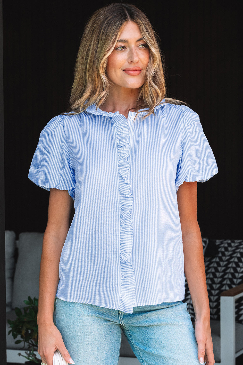 Beau Blue Striped Ruffle Short Bubble Sleeve Shirt-Tops/Blouses & Shirts-[Adult]-[Female]-2022 Online Blue Zone Planet