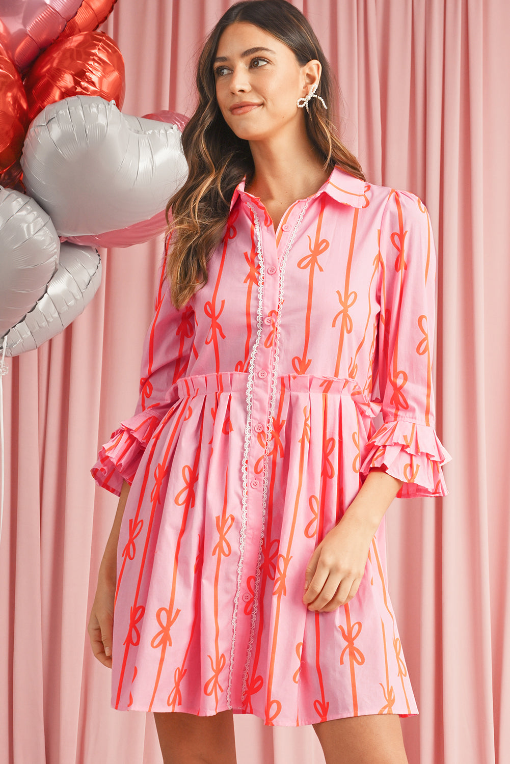 Blue Zone Planet | Pink Bowknot Striped Ruffle Mini Shirt Dress-TOPS / DRESSES-[Adult]-[Female]-Pink-S-2022 Online Blue Zone Planet