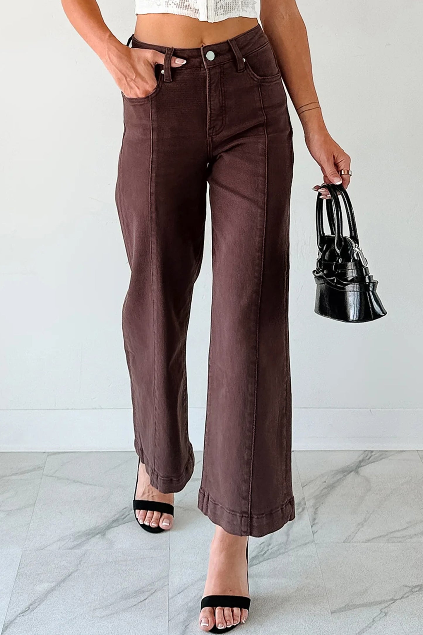 Red Sandalwood Solid Color Seamed Center Wide Leg Cropped Jeans-Bottoms/Jeans-[Adult]-[Female]-2022 Online Blue Zone Planet