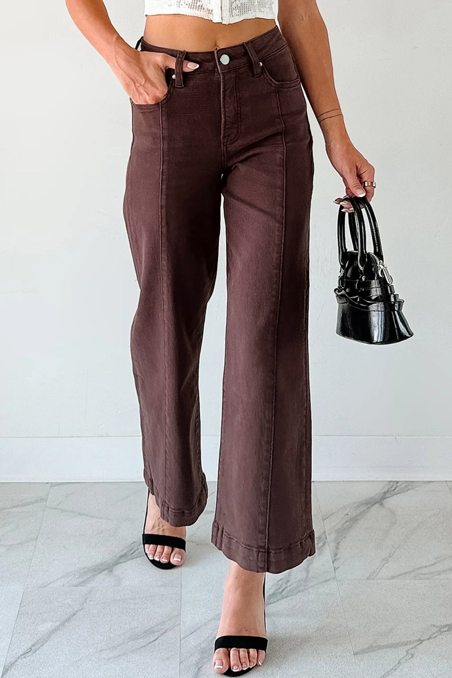 Red Sandalwood Solid Color Seamed Center Wide Leg Cropped Jeans-Bottoms/Jeans-[Adult]-[Female]-2022 Online Blue Zone Planet