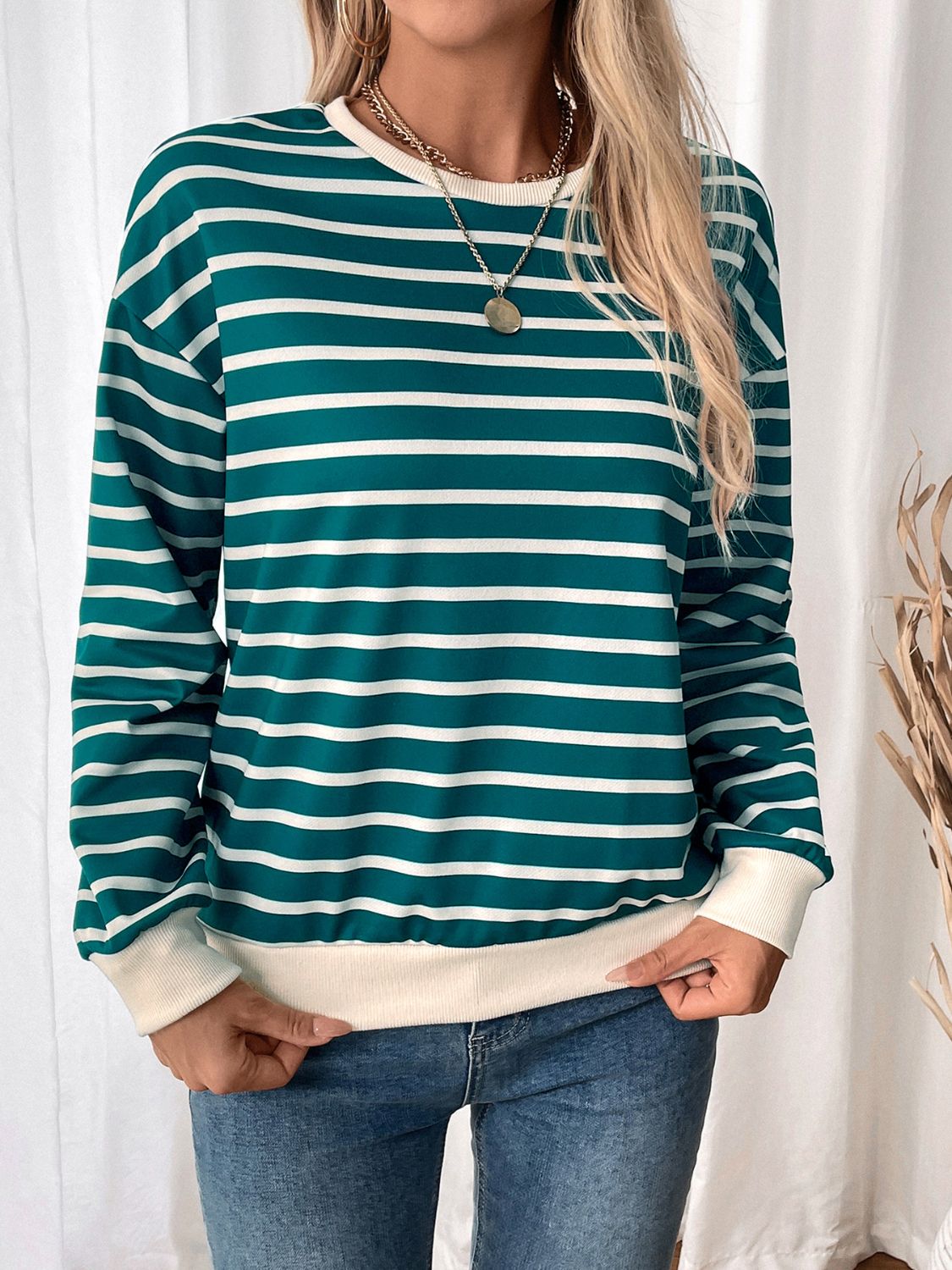 Perfee Striped Contrast Round Neck Long Sleeve Sweatshirt-TOPS / DRESSES-[Adult]-[Female]-Turquoise-S-2022 Online Blue Zone Planet