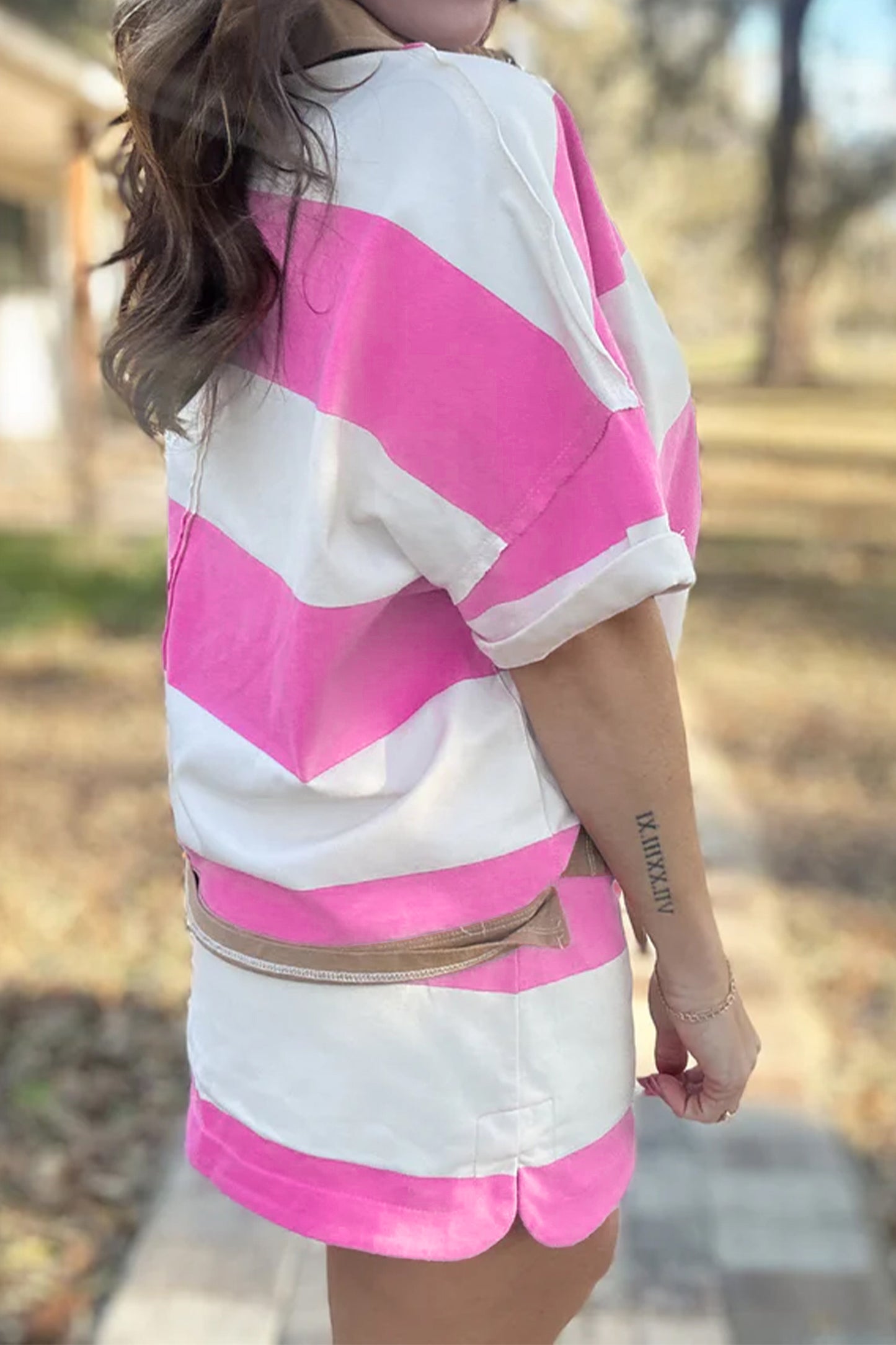 Rose Stripe Colorblock Trim Polo Tee Drawstring Mini Skirt 2pcs Set-Two Piece Sets/Two Piece Dresses-[Adult]-[Female]-2022 Online Blue Zone Planet