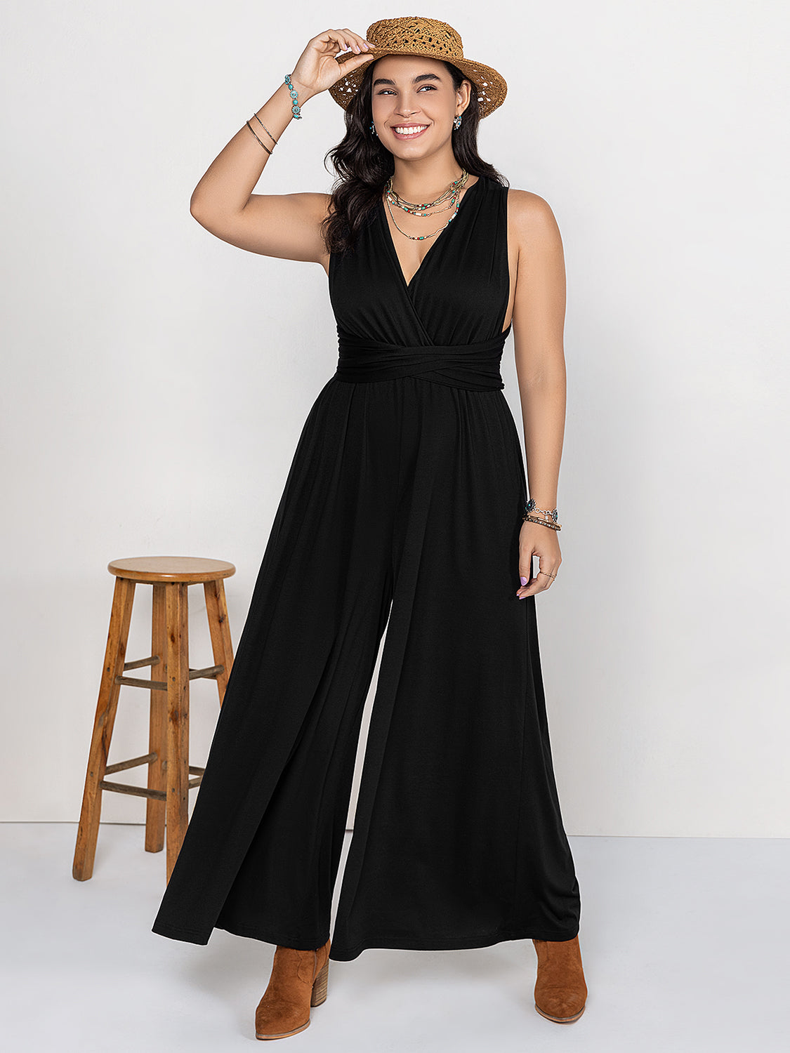 Plus Size V-Neck Wide Leg Jumpsuit-TOPS / DRESSES-[Adult]-[Female]-2022 Online Blue Zone Planet