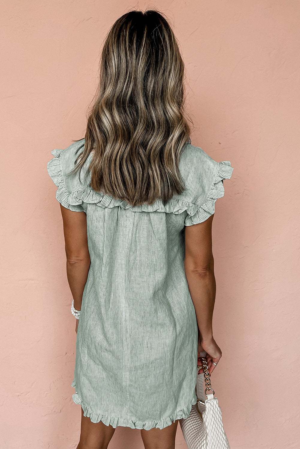 Green Stripe Frilled Sleeveless Collar Front Pocket Button Up Mini Dress-TOPS / DRESSES-[Adult]-[Female]-2022 Online Blue Zone Planet