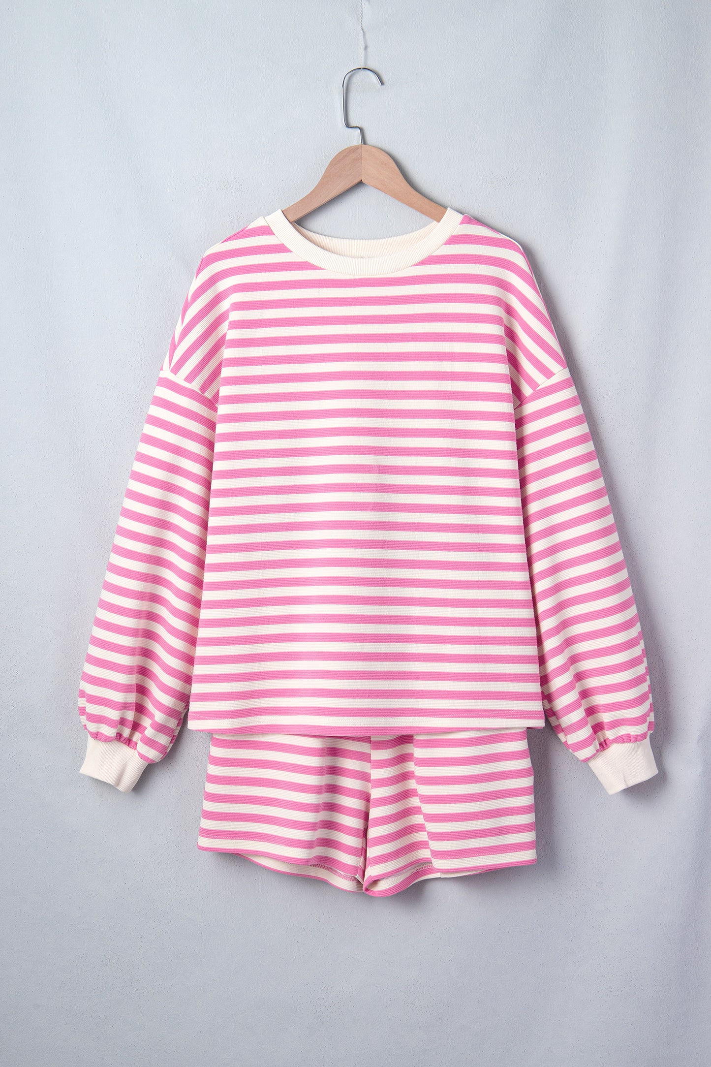 Pink Striped Long Sleeve Crew Neck Drawstring Waist Shorts Set-Two Piece Sets/Short Sets-[Adult]-[Female]-2022 Online Blue Zone Planet