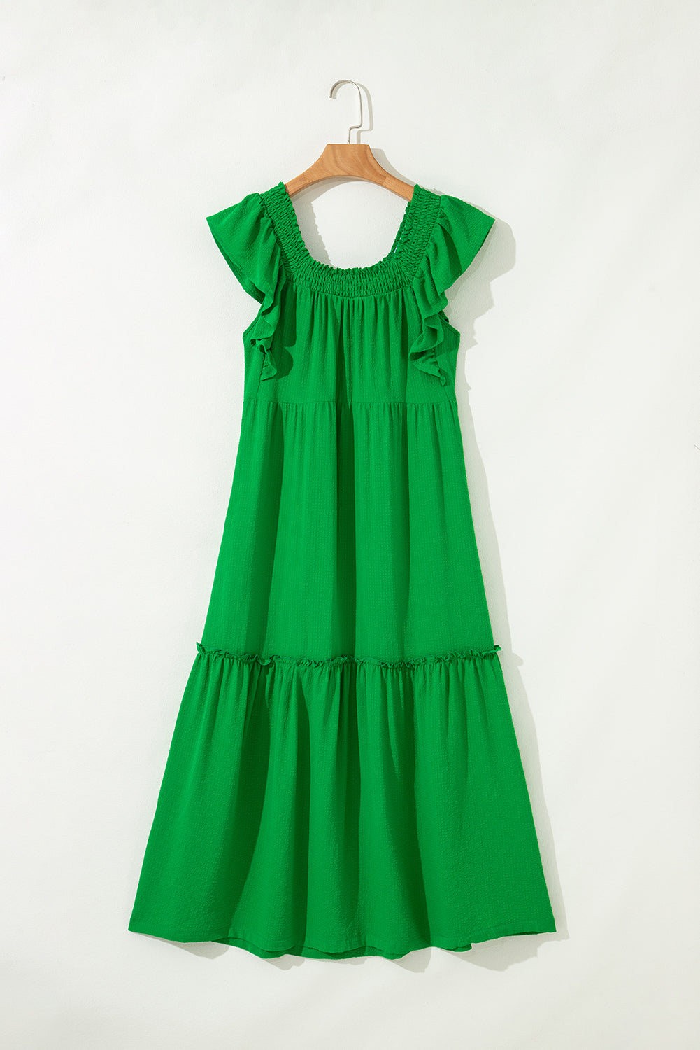 Green Ruffled Flutter Sleeve Square Neck Textured Tiered Maxi Dress-TOPS / DRESSES-[Adult]-[Female]-2022 Online Blue Zone Planet