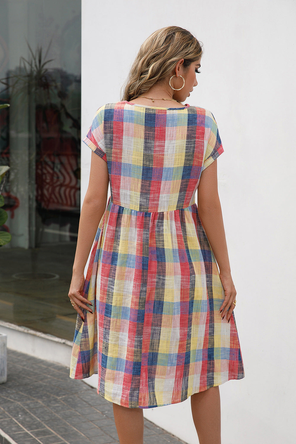 Plaid Round Neck Cap Sleeve Dress-TOPS / DRESSES-[Adult]-[Female]-2022 Online Blue Zone Planet