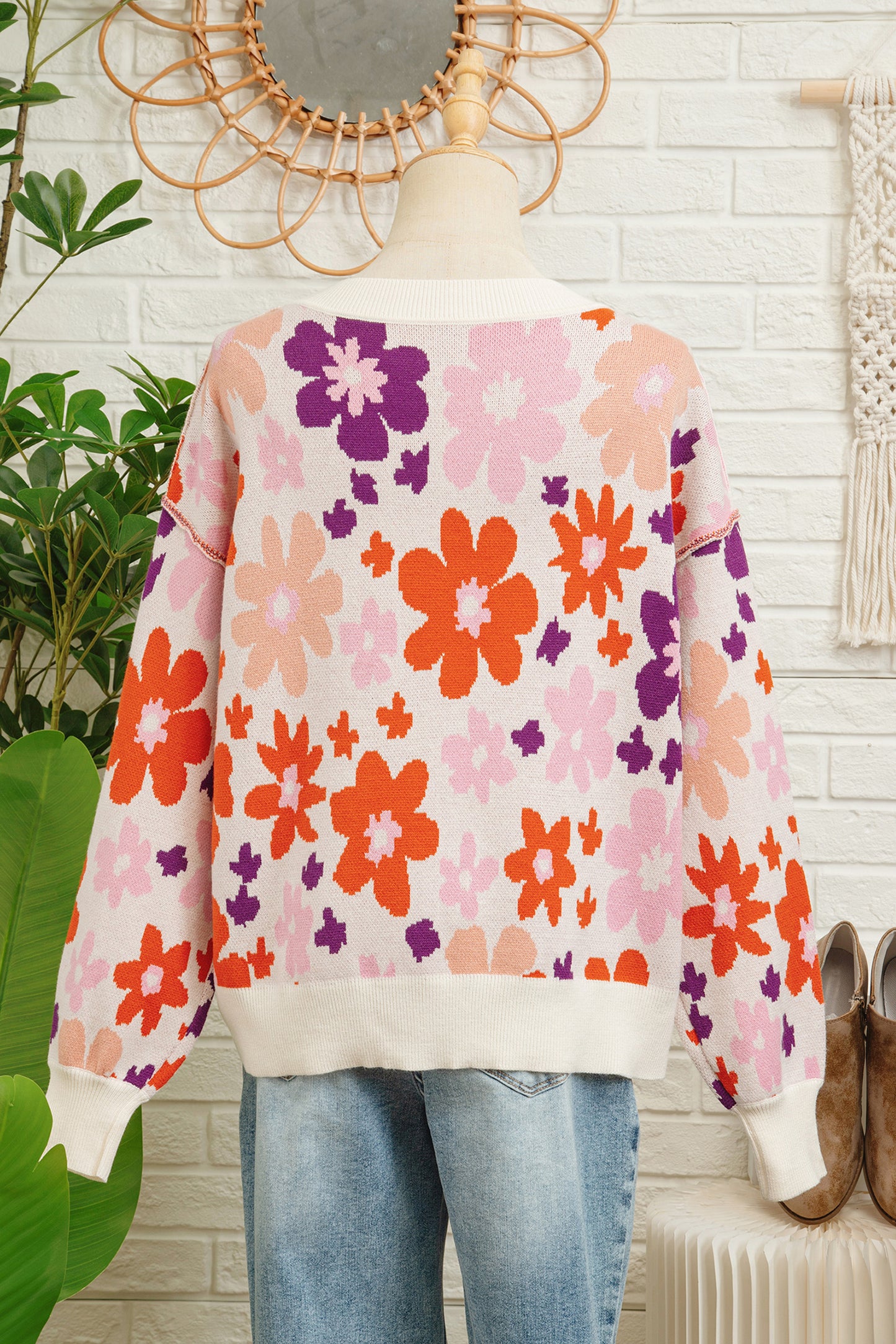 Khaki Fall Floral Pattern Drop Shoulder Sweater-TOPS / DRESSES-[Adult]-[Female]-2022 Online Blue Zone Planet