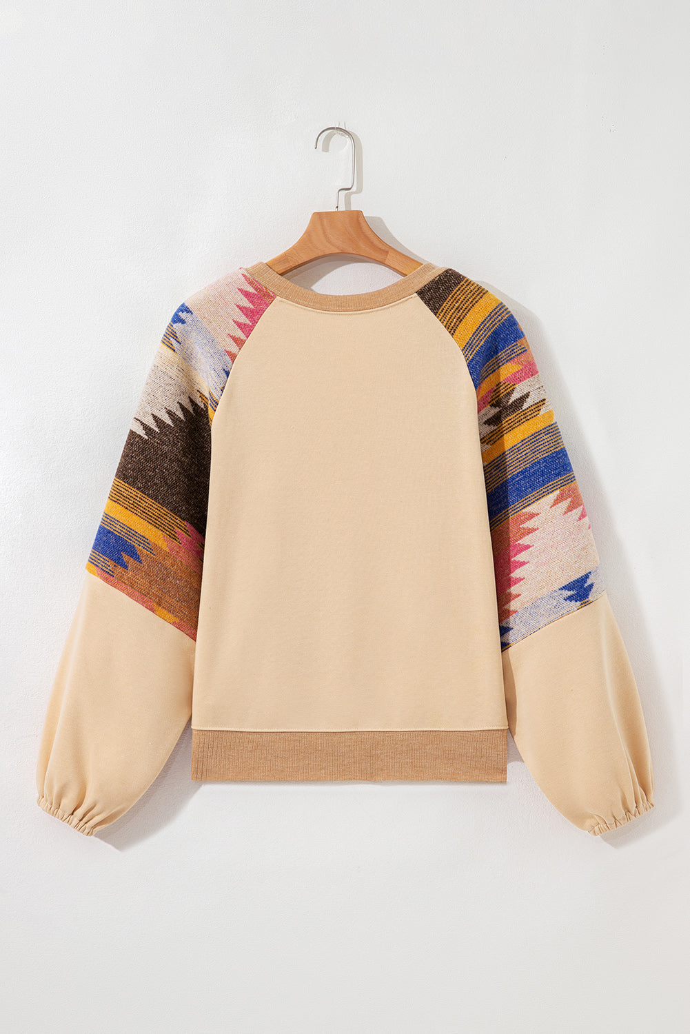 Light French Beige Aztec Patchwork Raglan Pullover Sweatshirt-Tops/Sweatshirts & Hoodies-[Adult]-[Female]-2022 Online Blue Zone Planet