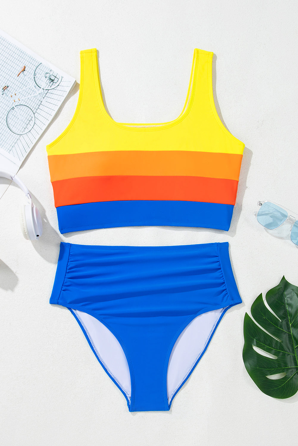 Blue Colorblock Square Neck Top Pleated High Waisted Bikini-Swimwear/High Waisted Swimsuit-[Adult]-[Female]-2022 Online Blue Zone Planet