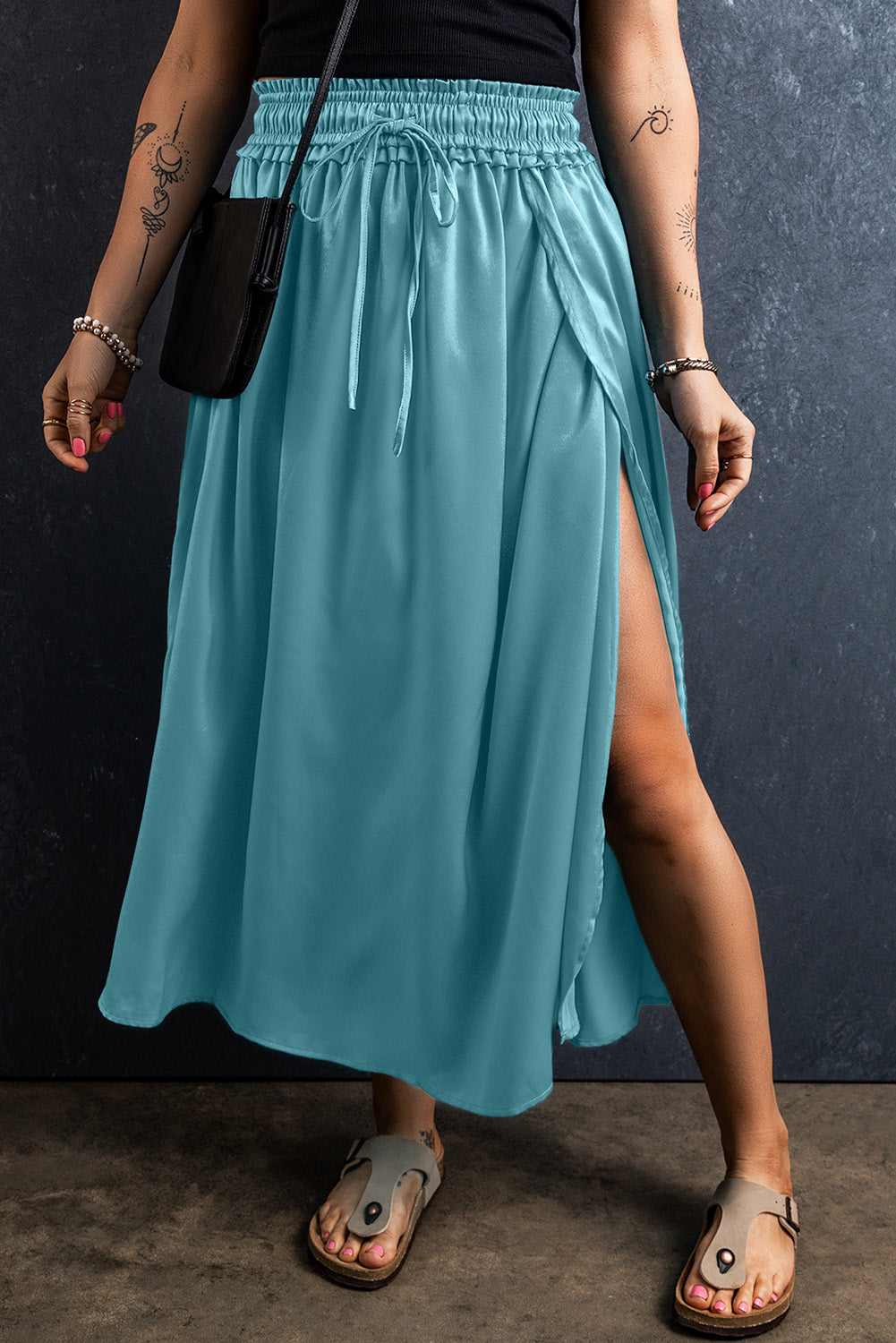 Peacock Blue Drawstring Split Side Flowy Long Skirt-Sale (50% OFF)/30% OFF-[Adult]-[Female]-Peacock Blue-S-2022 Online Blue Zone Planet