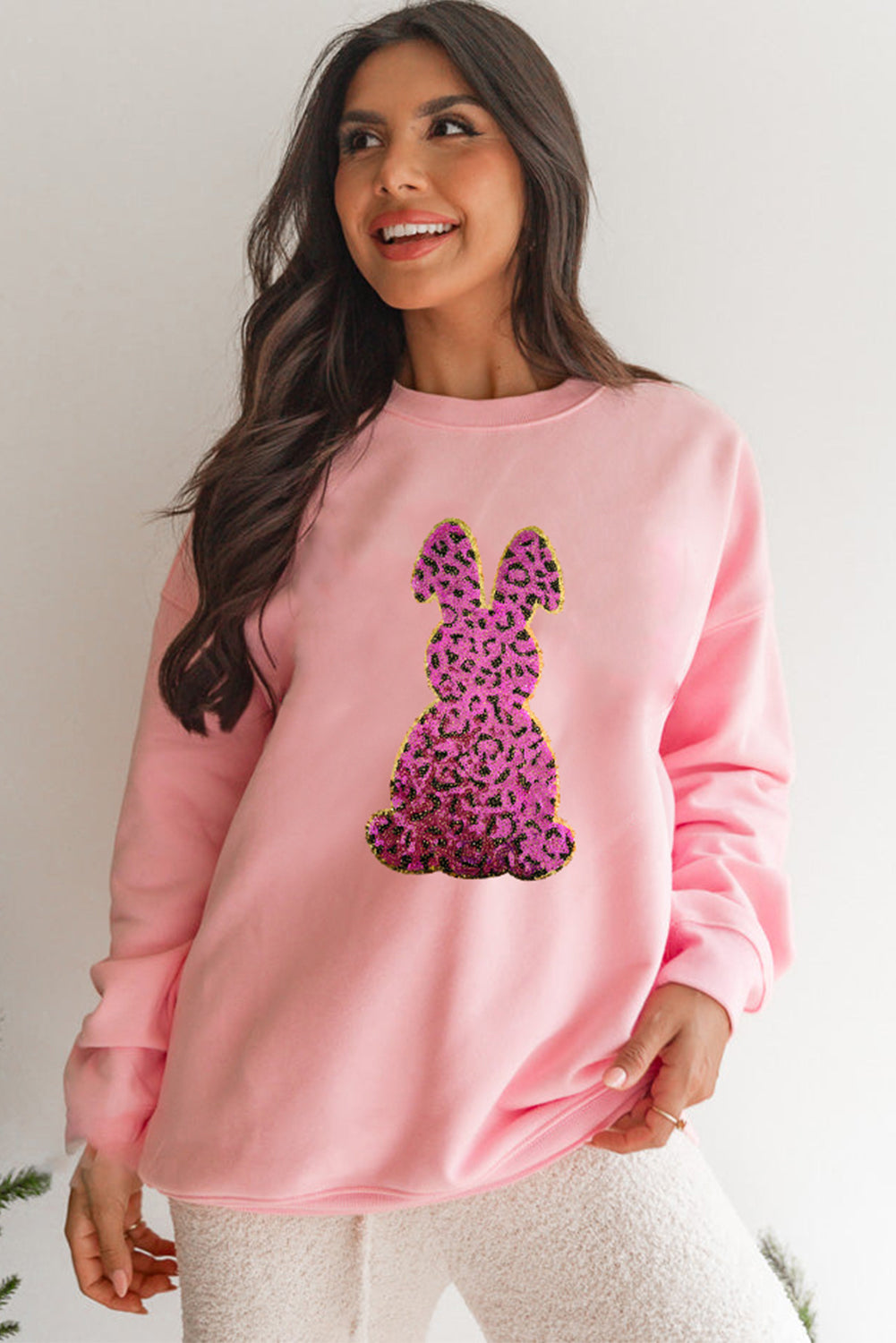 Pink Cheetah Easter Rabbit Graphic Sweatshirt-Graphic/Graphic Sweatshirts-[Adult]-[Female]-2022 Online Blue Zone Planet