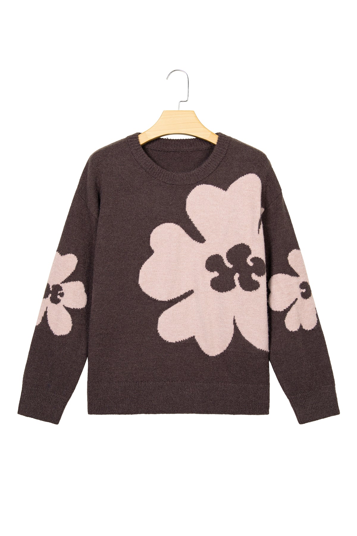 Chicory Coffee Cozy Floral Print Round Neck Dropped Shoulder Casual Sweater-TOPS / DRESSES-[Adult]-[Female]-2022 Online Blue Zone Planet