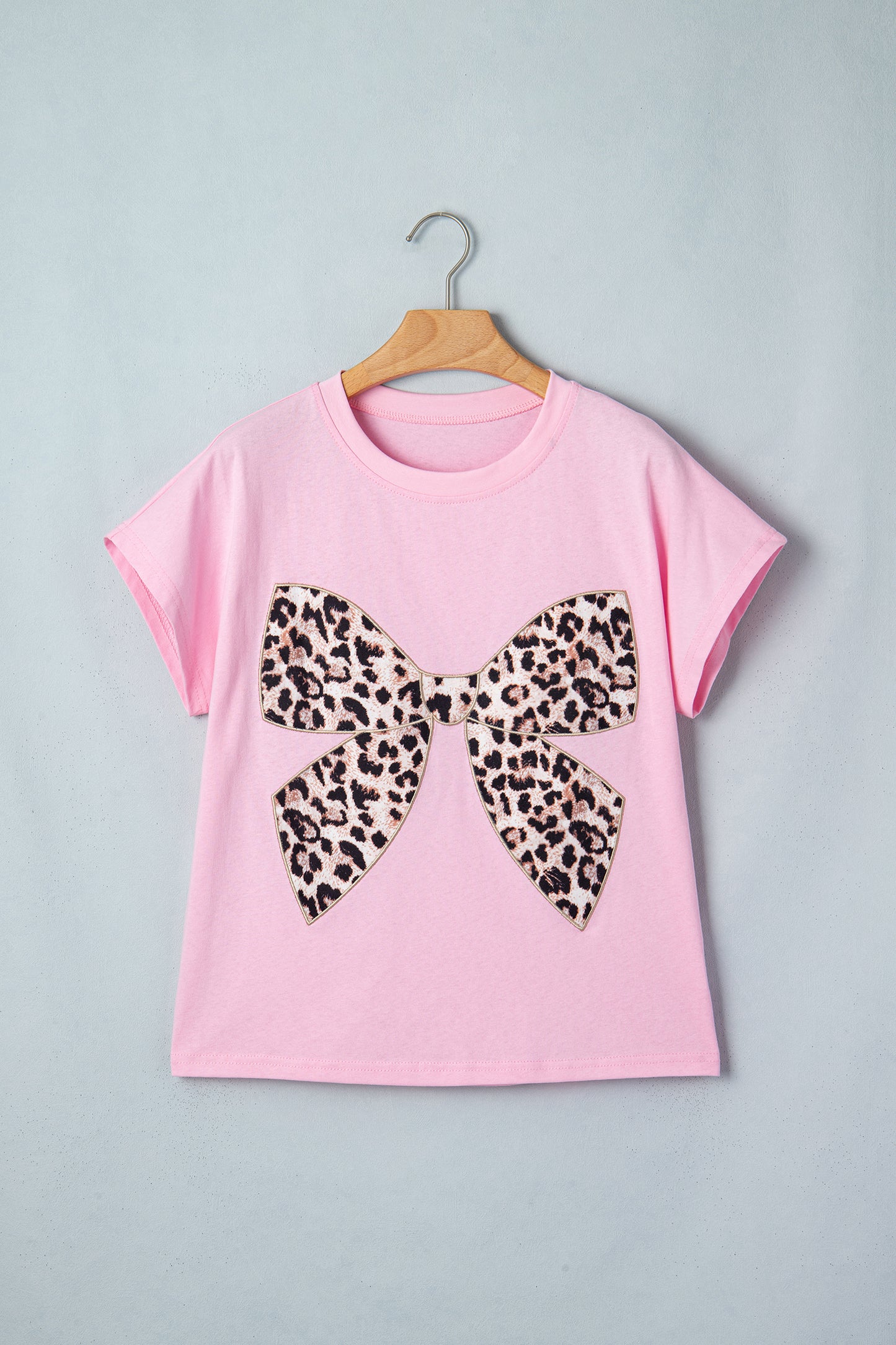Pink Leopard Bow Embroidered Cotton Round Neck T Shirt-Tops/Tops & Tees-[Adult]-[Female]-2022 Online Blue Zone Planet
