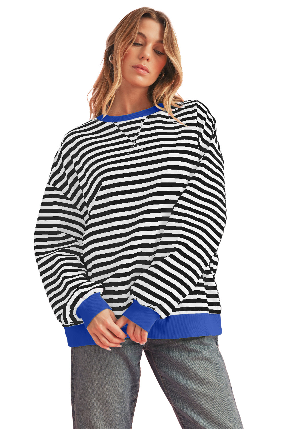 Black Stripe Contrast Edge Cross Seam Oversized Sweatshirt-Sweatshirts & Hoodies-[Adult]-[Female]-2022 Online Blue Zone Planet