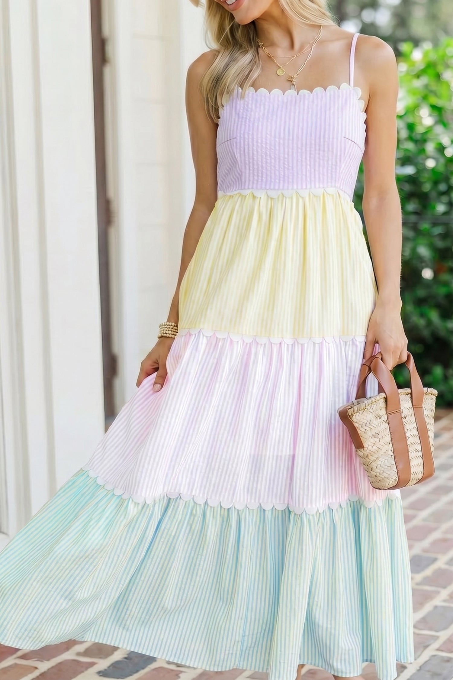Multicolour Striped Colorblock Adjustable Strap Scalloped Detail Long Dress-Dresses/Maxi Dresses-[Adult]-[Female]-Multicolour-S-2022 Online Blue Zone Planet