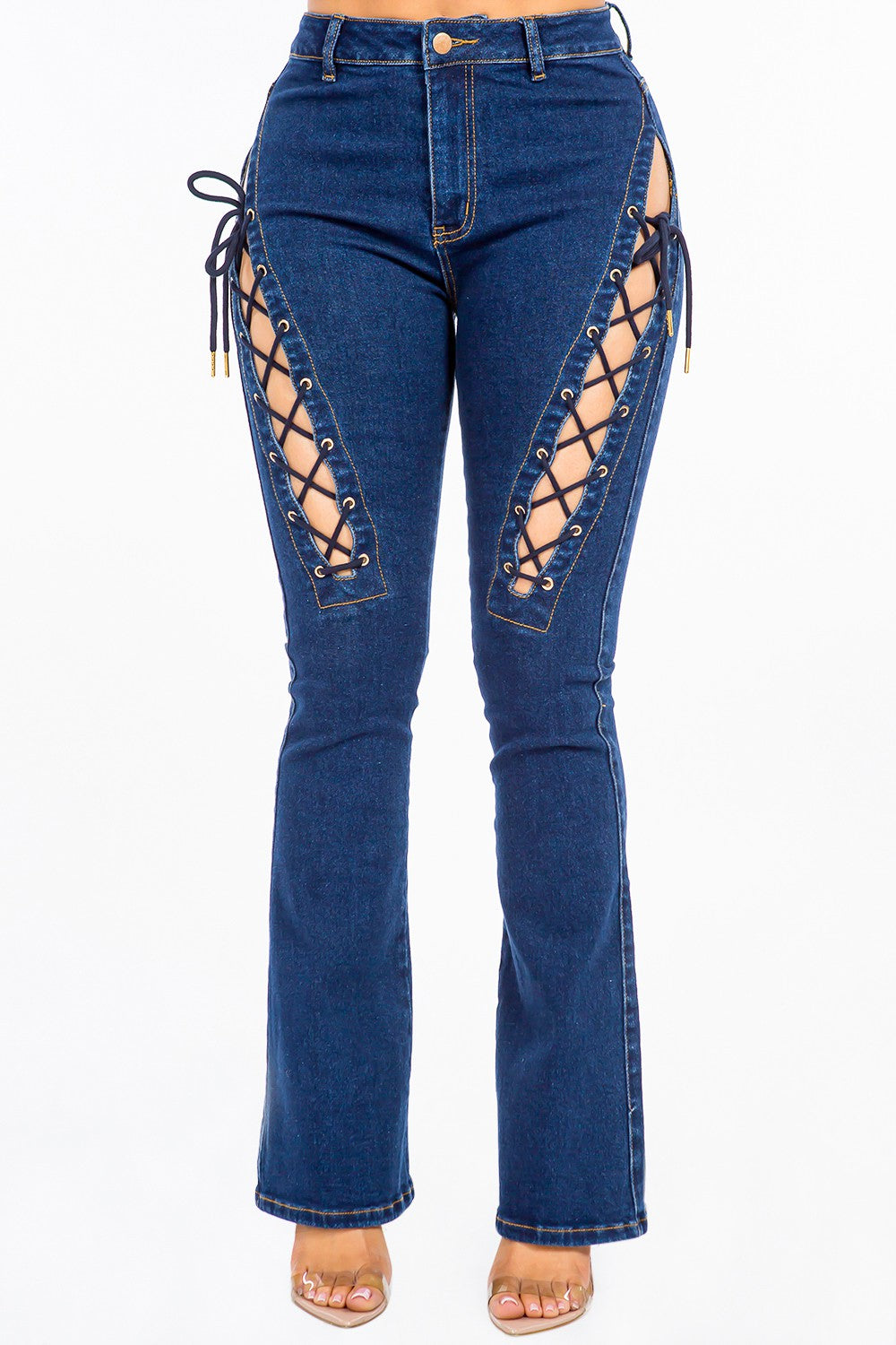 Blue Zone Planet | American Bazi High Rise Lace Up Jeans-TOPS / DRESSES-[Adult]-[Female]-DK Blue-S-2022 Online Blue Zone Planet