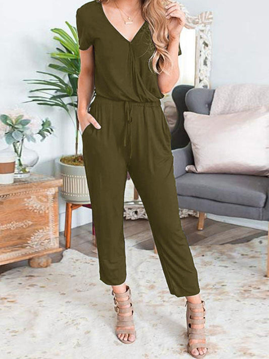 Drawstring Surplice Short Sleeve Jumpsuit-TOPS / DRESSES-[Adult]-[Female]-Army Green-S-2022 Online Blue Zone Planet