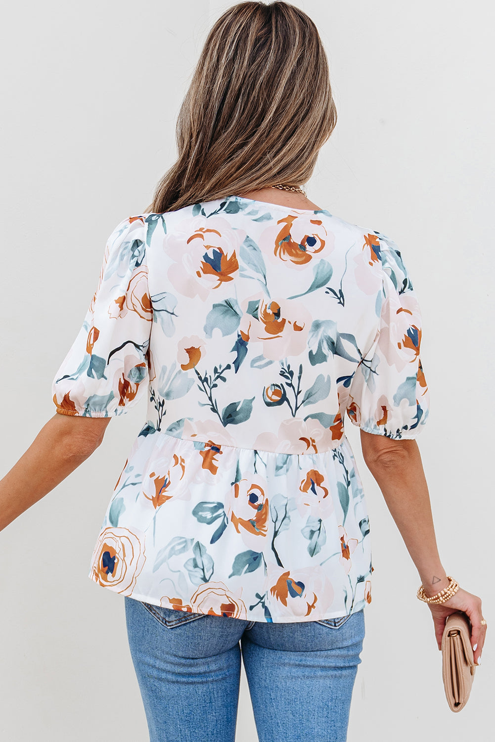 Green Floral Print Puff Sleeve V Neck Babydoll Blouse-Tops/Blouses & Shirts-[Adult]-[Female]-2022 Online Blue Zone Planet