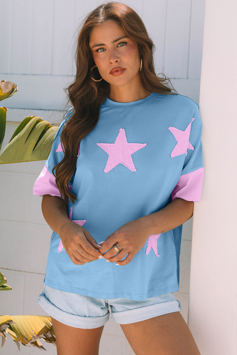 Myosotis Frayed Denim Star Patched Oversize T Shirt-Tops/Tops & Tees-[Adult]-[Female]-2022 Online Blue Zone Planet