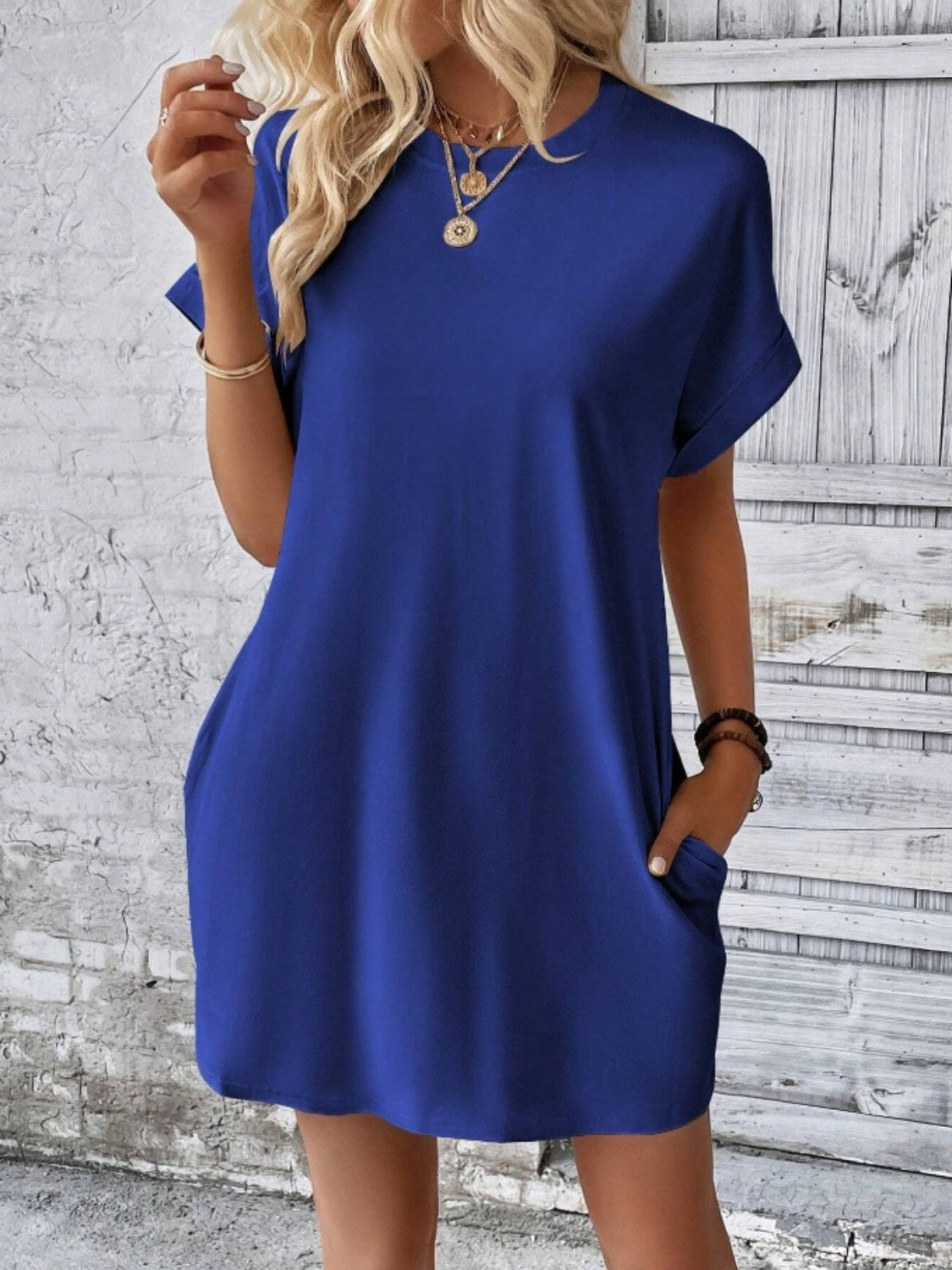 Pocketed Round Neck Short Sleeve Dress BLUE ZONE PLANET
