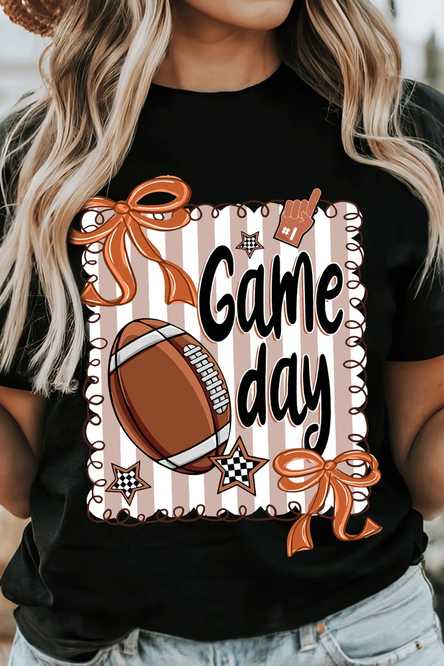 Black Casual Game Day Football Striped Tee