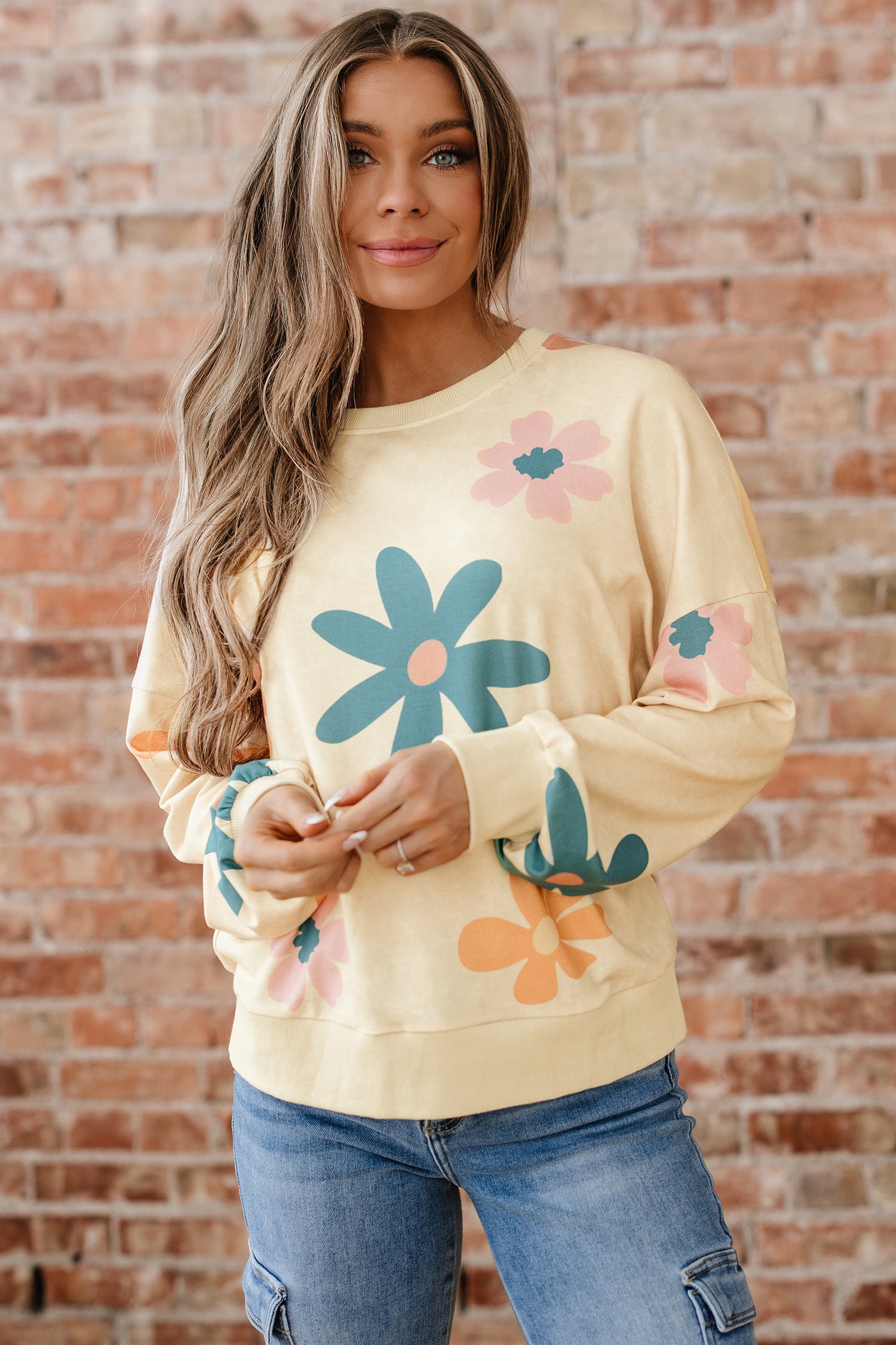 Khaki Mineral Washed French Terry Flower Print Sweatshirt-Tops/Sweatshirts & Hoodies-[Adult]-[Female]-2022 Online Blue Zone Planet