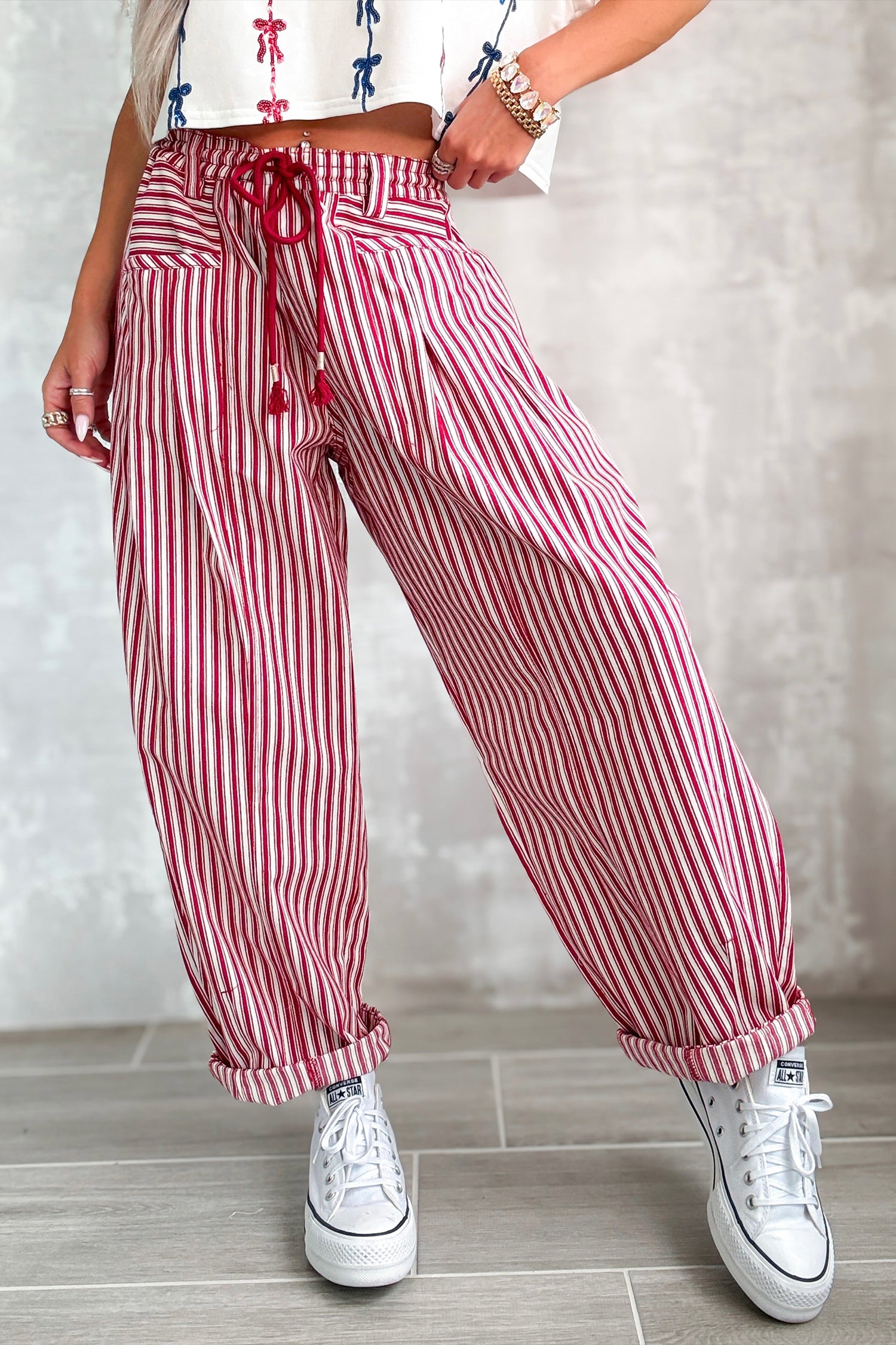 Red Stripe Drawstring Casual Loose Pants-Bottoms/Pants & Culotte-[Adult]-[Female]-2022 Online Blue Zone Planet