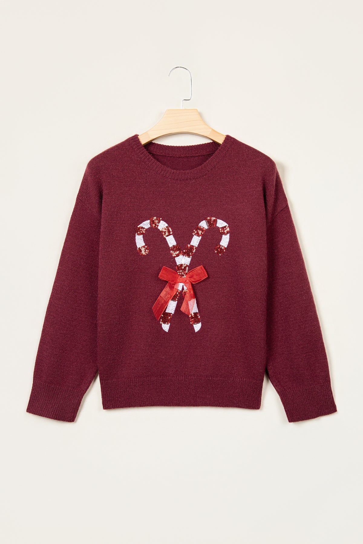 Red Dahlia Sequined Candy Cane Festive Casual Christmas Sweater-TOPS / DRESSES-[Adult]-[Female]-2022 Online Blue Zone Planet