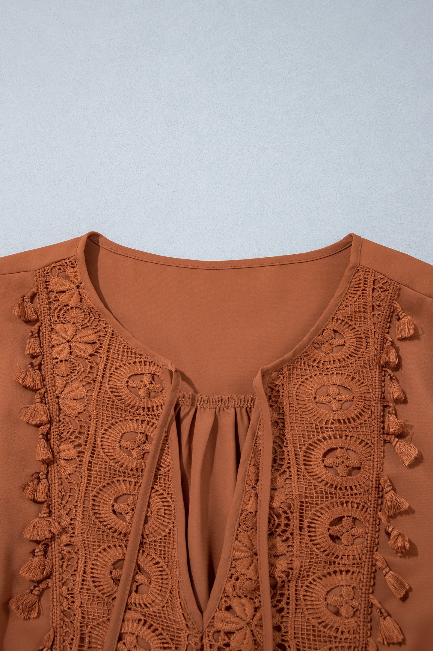 Chestnut Boho V Neck Embroidered Tassel Long Sleeve Plus Size Blouse-Plus Size/Plus Size Tops/Plus Size Blouses & Shirts-[Adult]-[Female]-2022 Online Blue Zone Planet