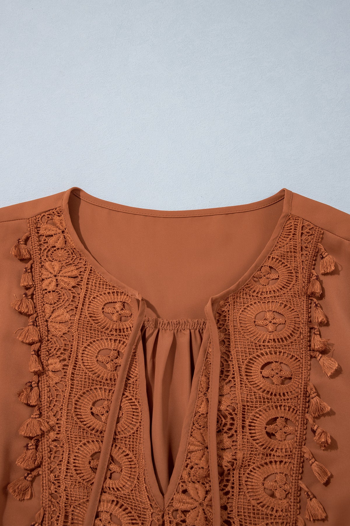 Chestnut Boho V Neck Embroidered Tassel Long Sleeve Plus Size Blouse-Plus Size/Plus Size Tops/Plus Size Blouses & Shirts-[Adult]-[Female]-2022 Online Blue Zone Planet