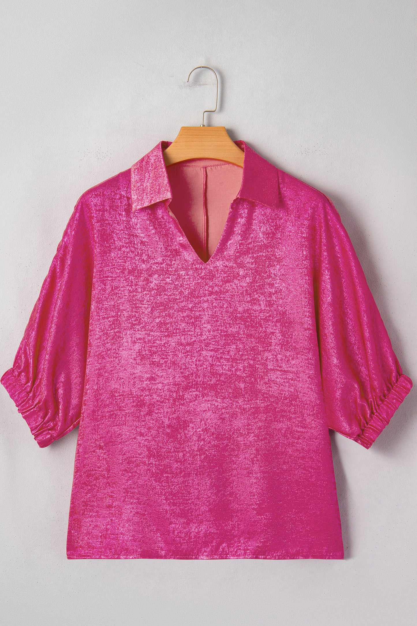 Strawberry Pink Collared V Neck Half Sleeve Metallic Top-Tops/Blouses & Shirts-[Adult]-[Female]-2022 Online Blue Zone Planet